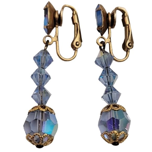 Blue AB Prong Set Navette Bead Dangle Clip-On Earrings E311 - Picture 8 of 8